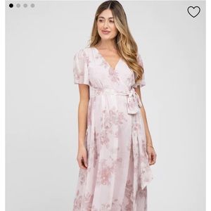 Light Pink Floral Chiffon Wrap Front Short Sleeve Maternity Maxi Dress